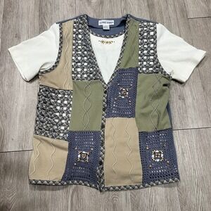 Alfred Dunner Patchwork Crochet Button Front Top | Eclectic Grandpa Core small